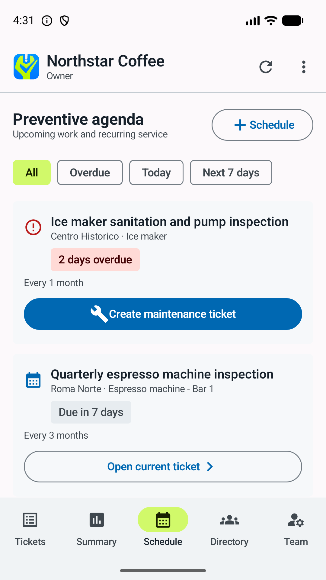 Preventive maintenance agenda showing overdue and upcoming recurring work.