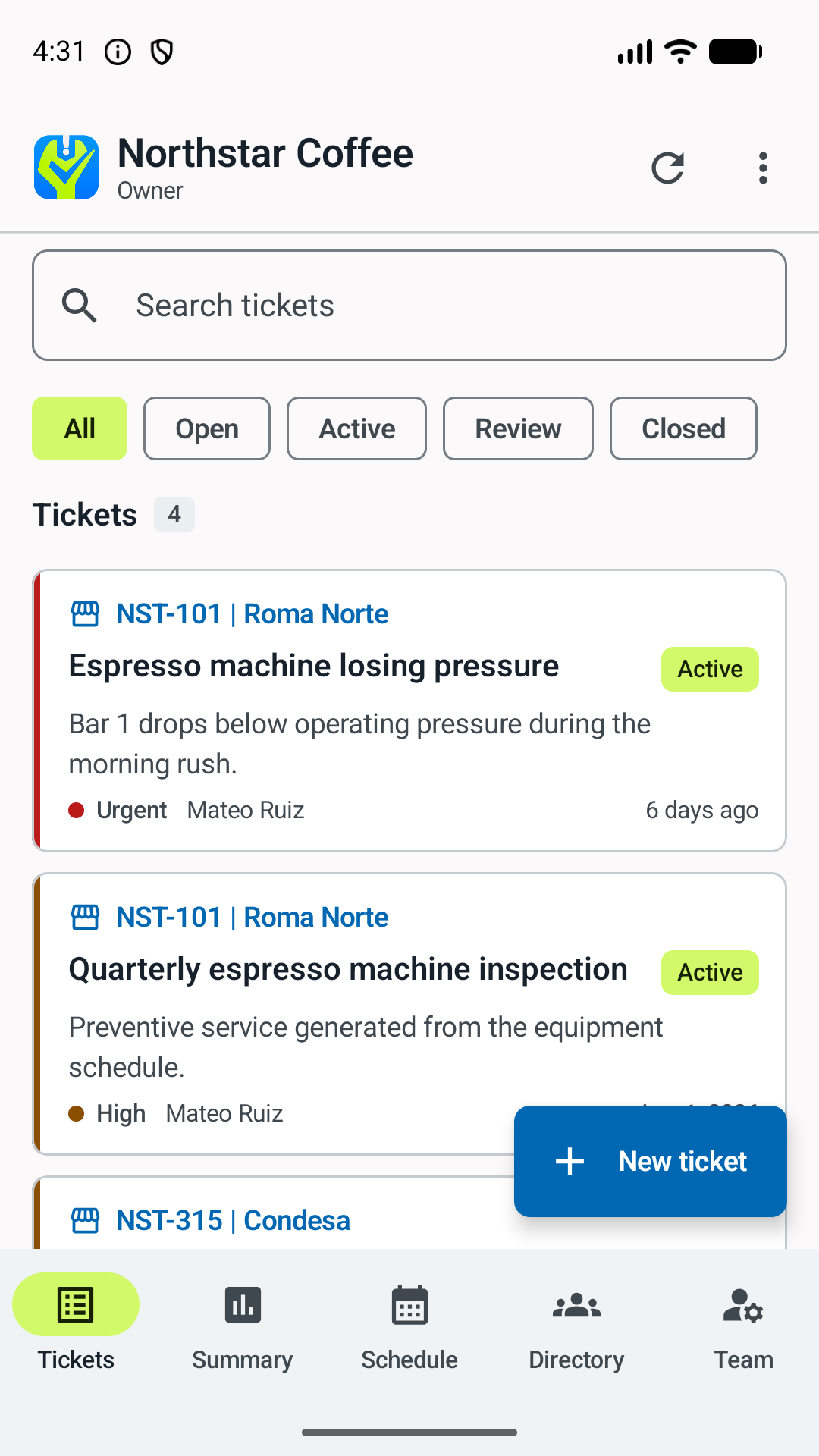 Phone ticket queue organized by location, status, priority, and assignee.