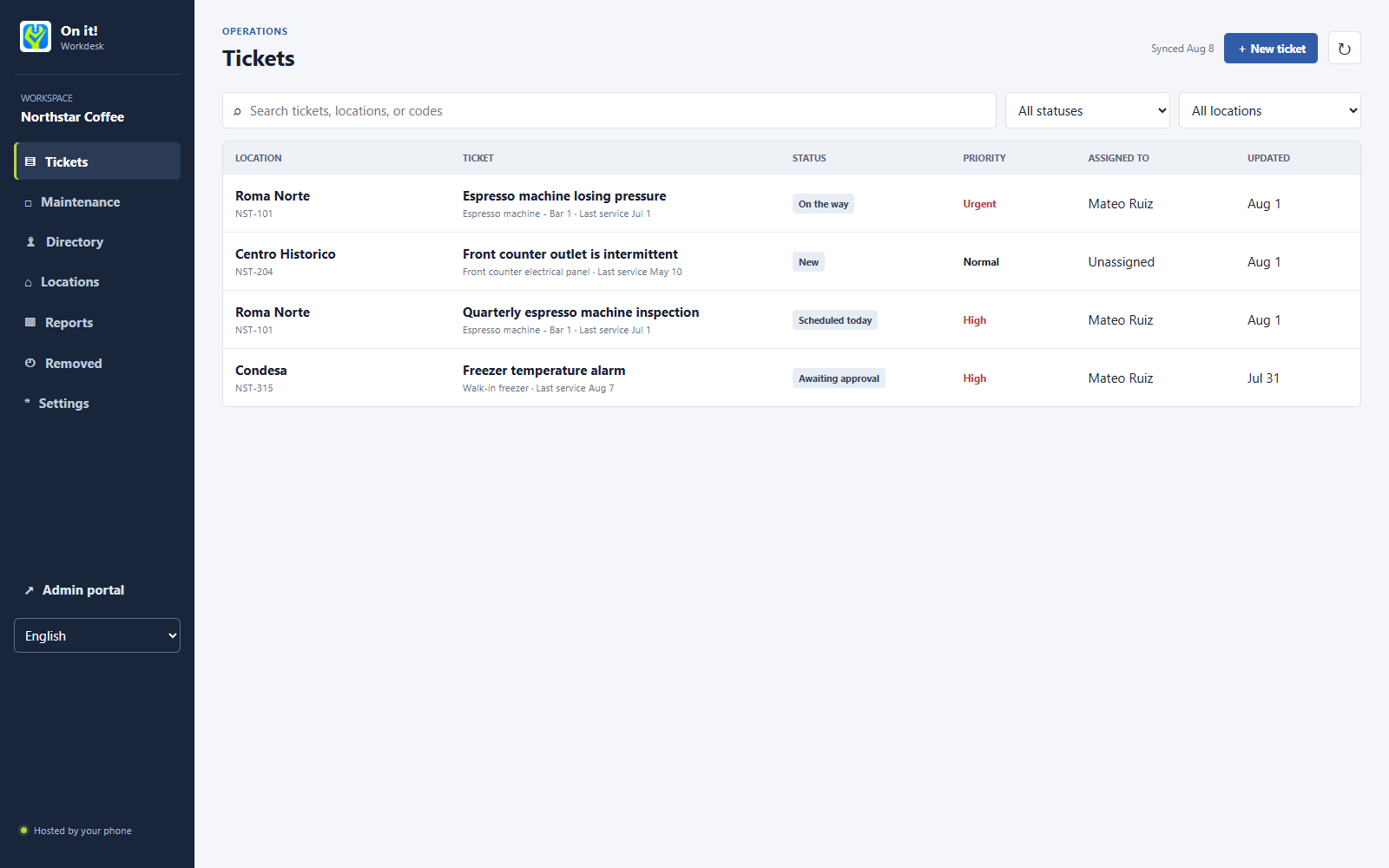 On it! Workdesk desktop ticket queue showing locations, status, priority, assignment, and recent updates