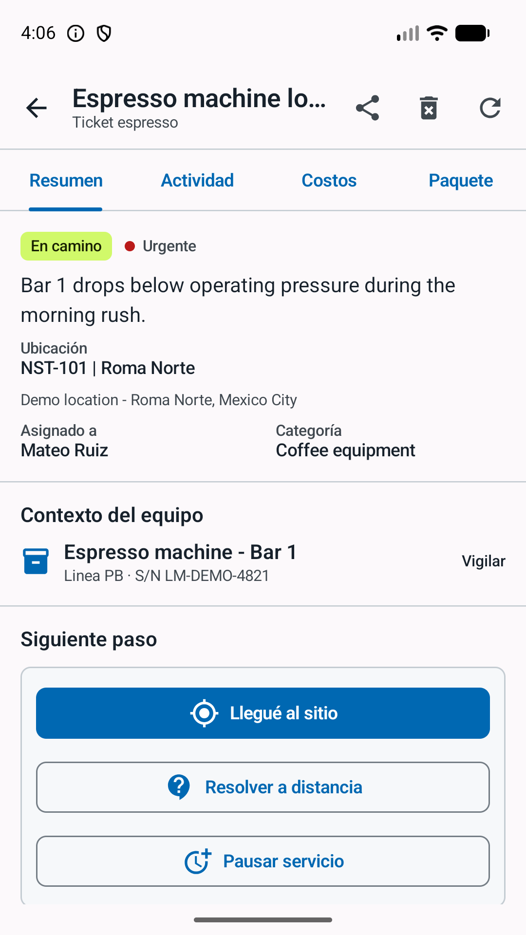 Detalle y siguiente acción de un ticket en Android